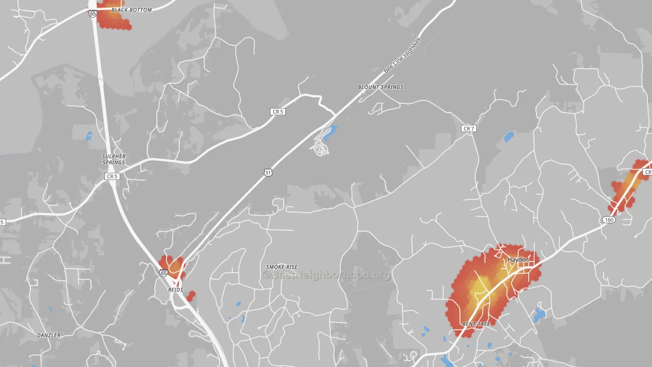 Walk Grade map of Blount Springs, AL, walkable areas in green and car-dependent areas in red