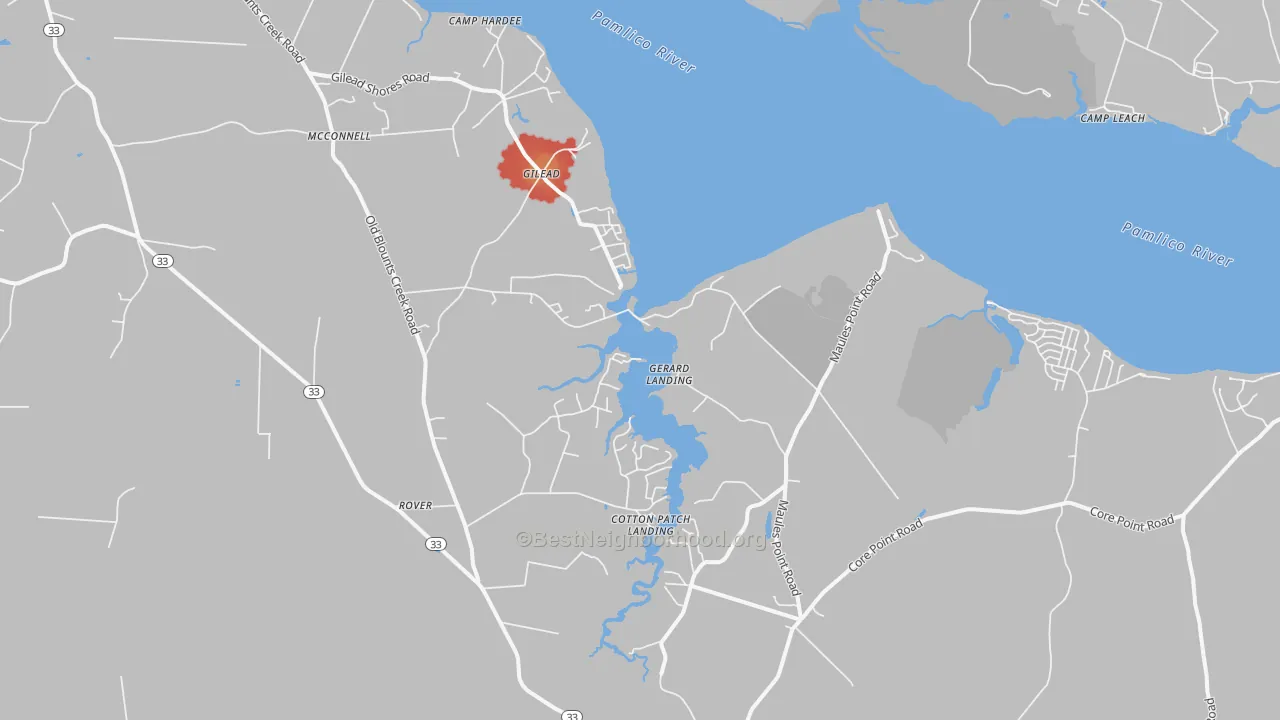 Walk Grade map of Blounts Creek, NC, walkable areas in green and car-dependent areas in red