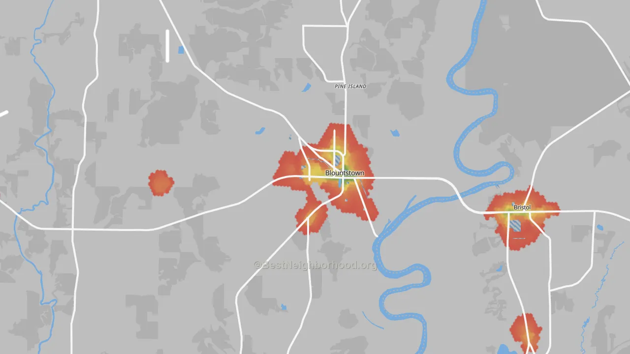 Walk Grade map of Blountstown, FL, walkable areas in green and car-dependent areas in red