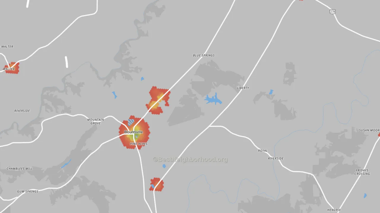 Walk Grade map of Blountsville, AL, walkable areas in green and car-dependent areas in red