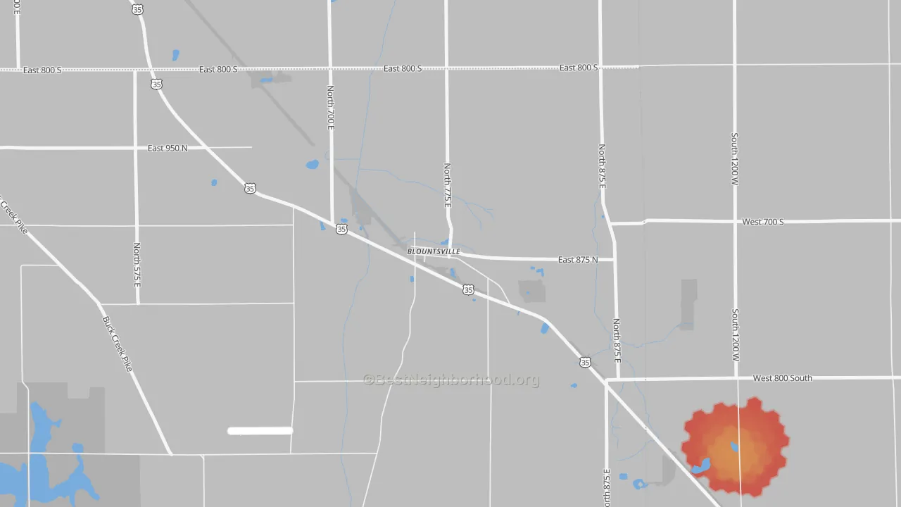 Walk Grade map of Blountsville, IN, walkable areas in green and car-dependent areas in red
