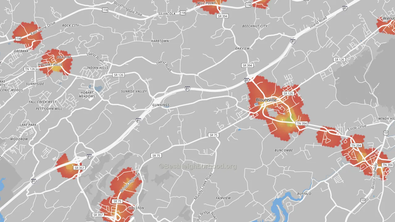 Walk Grade map of Blountville, TN, walkable areas in green and car-dependent areas in red