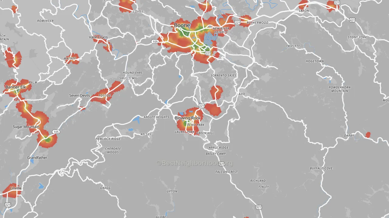 Walk Grade map of Blowing Rock, NC, walkable areas in green and car-dependent areas in red