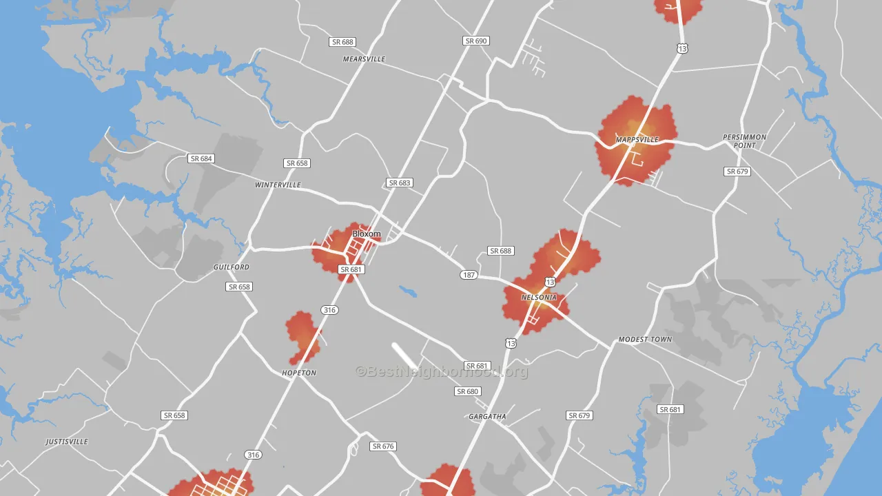 Walk Grade map of Bloxom, VA, walkable areas in green and car-dependent areas in red