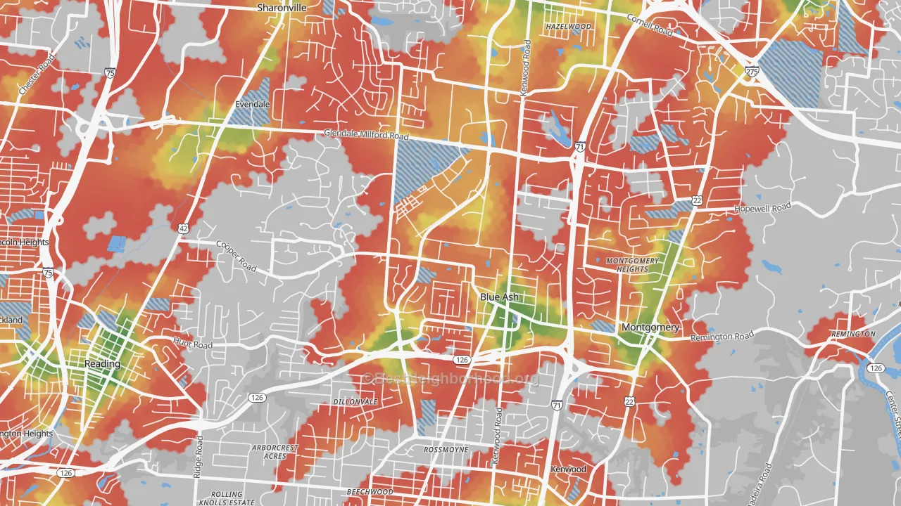 Walk Grade map of Blue Ash, OH, walkable areas in green and car-dependent areas in red