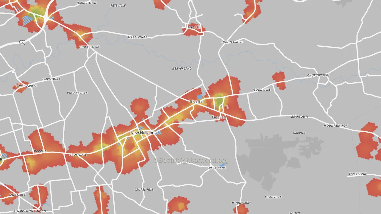 Walk Grade map of Blue Ball, PA, walkable areas in green and car-dependent areas in red