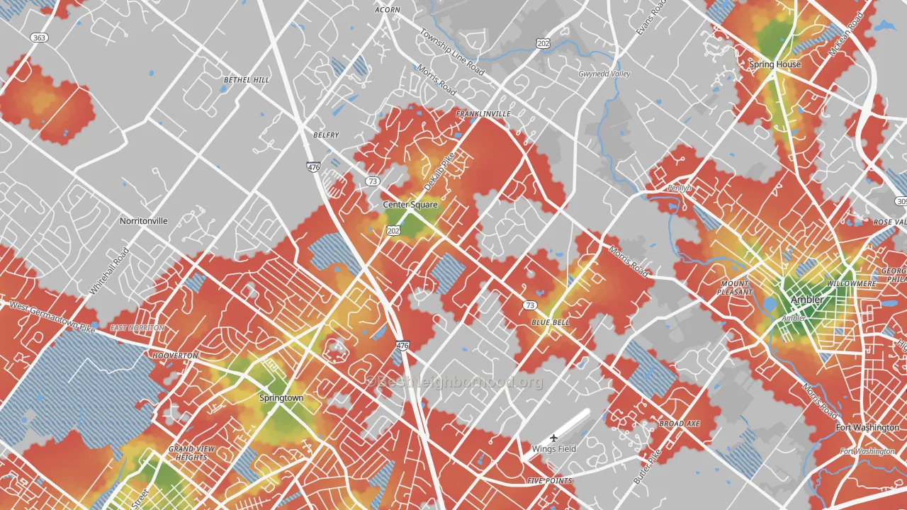 Walk Grade map of Blue Bell, PA, walkable areas in green and car-dependent areas in red