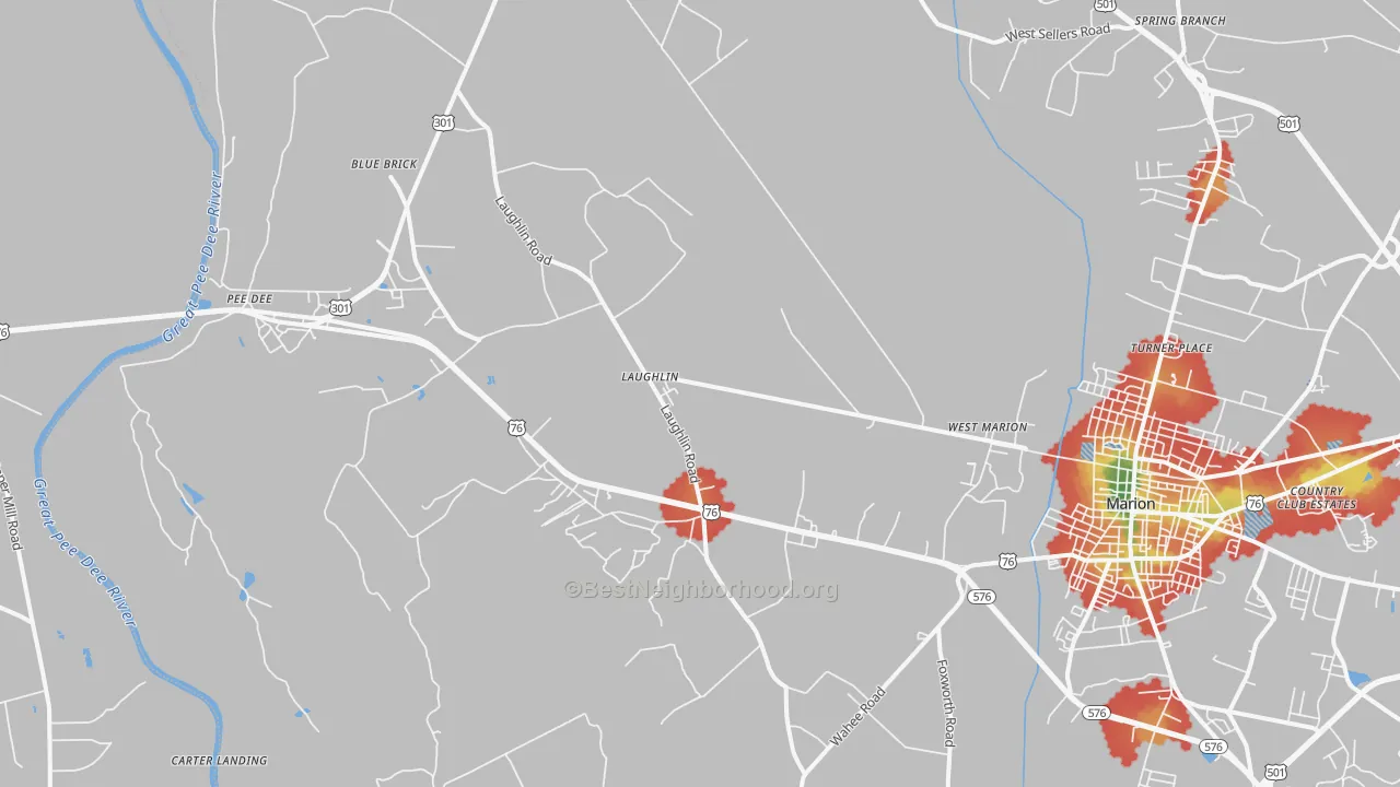 Walk Grade map of Blue Brick, SC, walkable areas in green and car-dependent areas in red