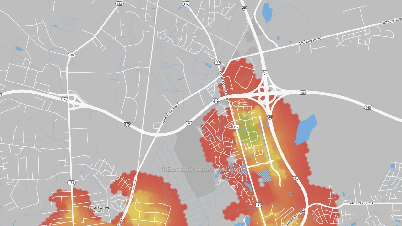 Walk Grade map of Blue Clay Farms, NC, walkable areas in green and car-dependent areas in red