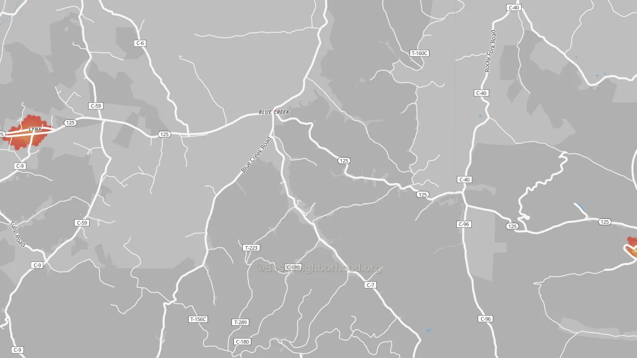 Walk Grade map of Blue Creek, OH, walkable areas in green and car-dependent areas in red