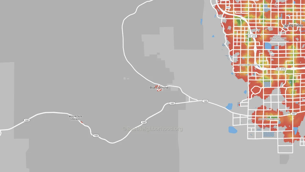 Walk Grade map of Blue Diamond, NV, walkable areas in green and car-dependent areas in red