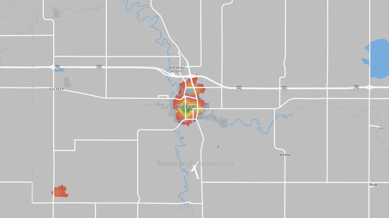 Walk Grade map of Blue Earth, MN, walkable areas in green and car-dependent areas in red