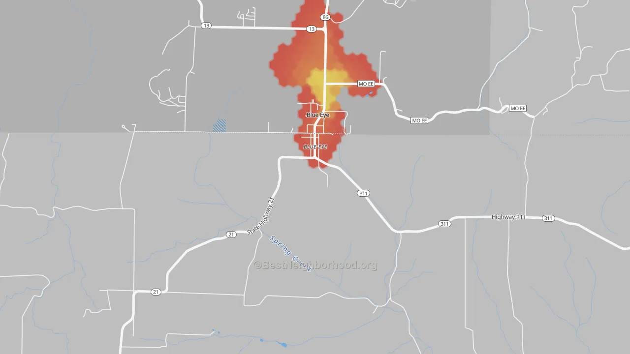 Walk Grade map of Blue Eye, AR, walkable areas in green and car-dependent areas in red