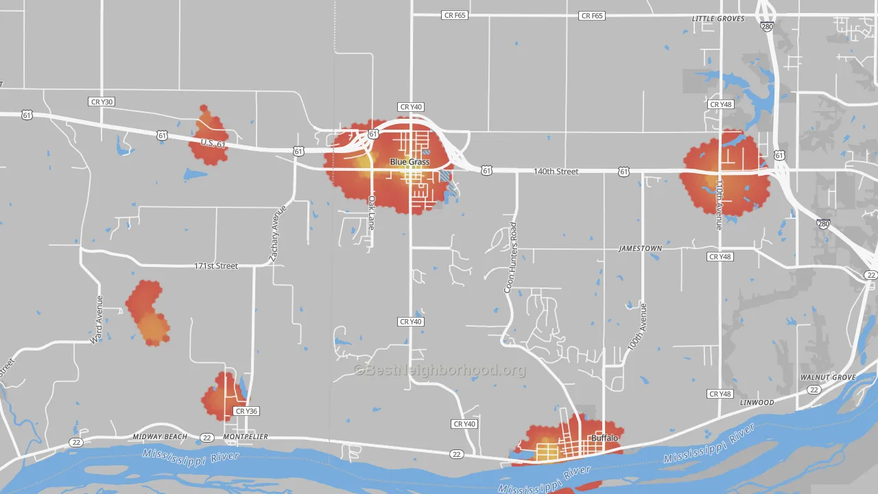 Walk Grade map of Blue Grass, IA, walkable areas in green and car-dependent areas in red