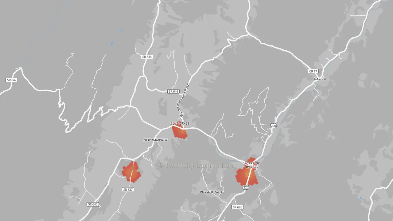 Walk Grade map of Blue Grass, VA, walkable areas in green and car-dependent areas in red