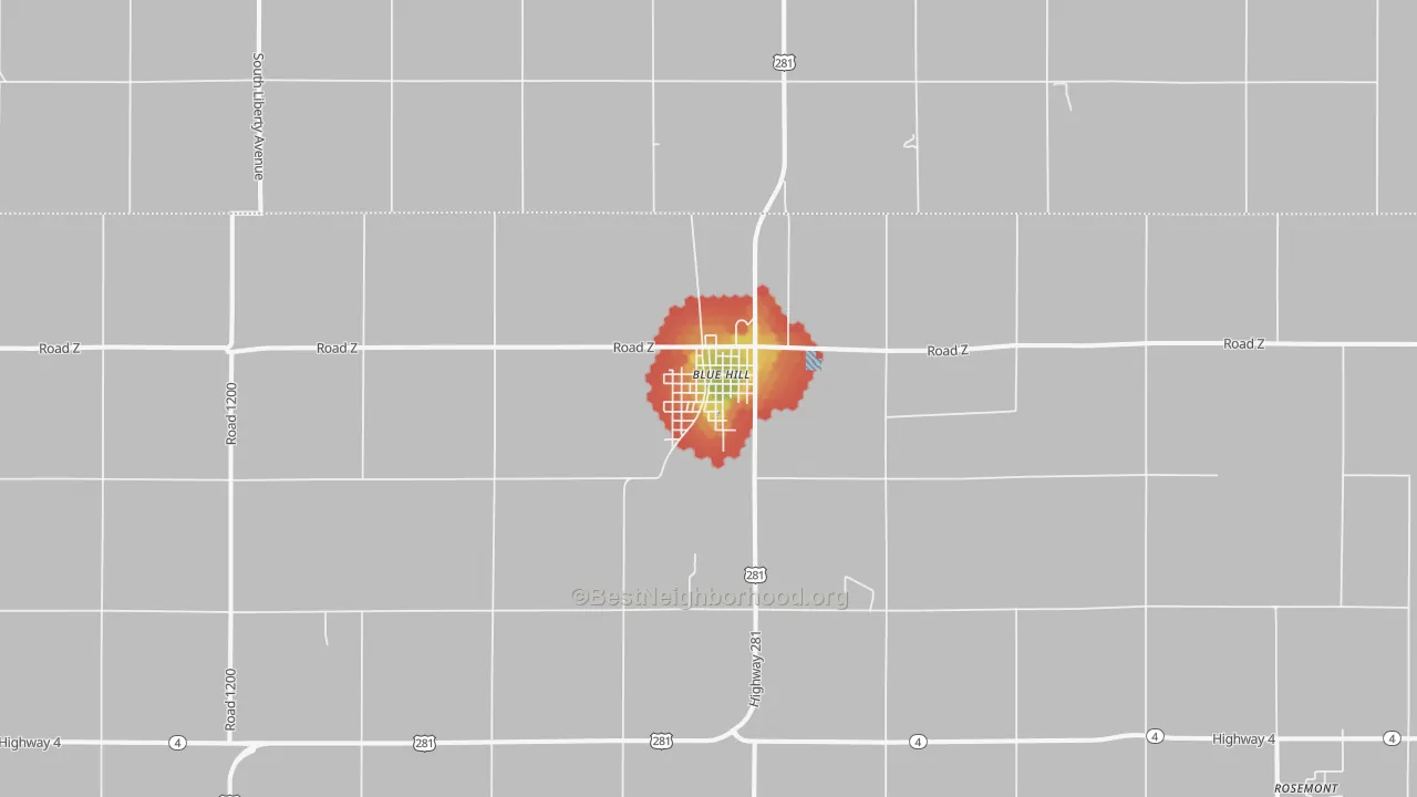 Walk Grade map of Blue Hill, NE, walkable areas in green and car-dependent areas in red