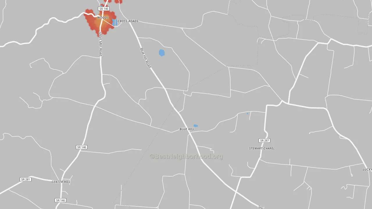 Walk Grade map of Blue Hill, TN, walkable areas in green and car-dependent areas in red