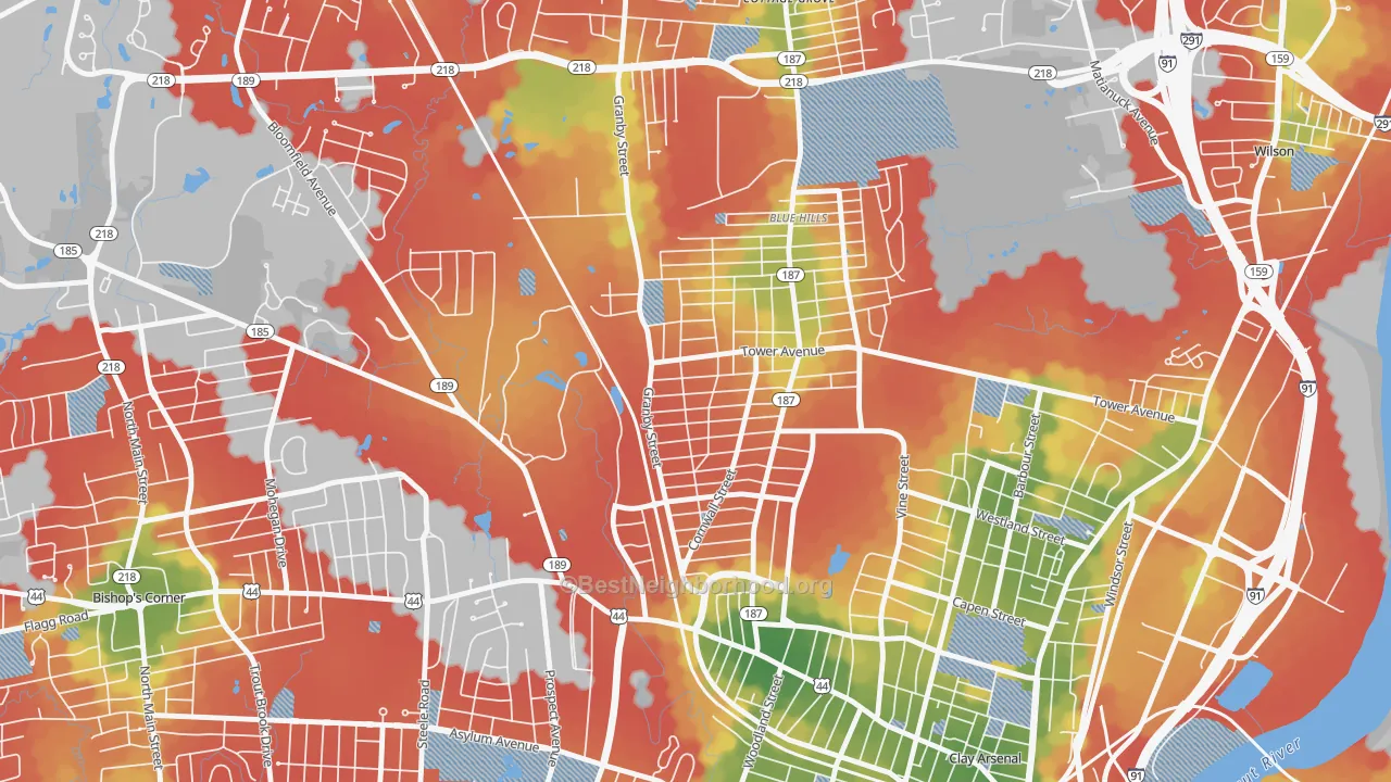 Walk Grade map of Blue Hills, Hartford, CT, walkable areas in green and car-dependent areas in red