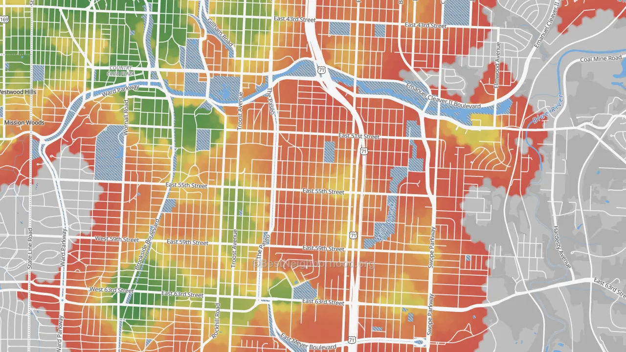 Walk Grade map of Blue Hills, Kansas City, MO, walkable areas in green and car-dependent areas in red