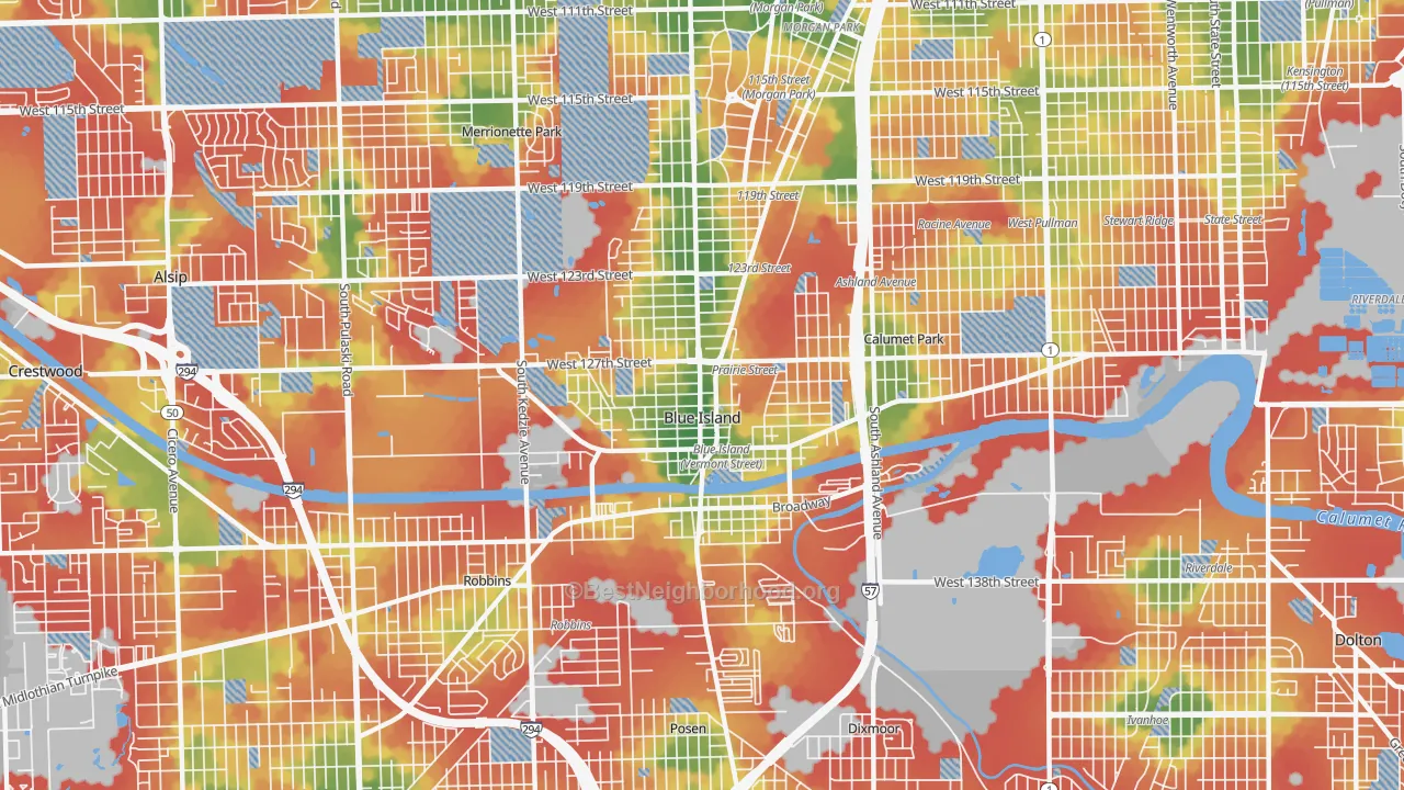 Walk Grade map of Blue Island, IL, walkable areas in green and car-dependent areas in red