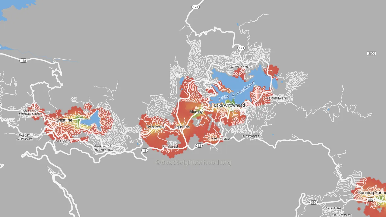 Walk Grade map of Blue Jay, CA, walkable areas in green and car-dependent areas in red