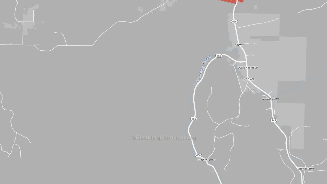 Walk Grade map of Blue Jay, PA, walkable areas in green and car-dependent areas in red