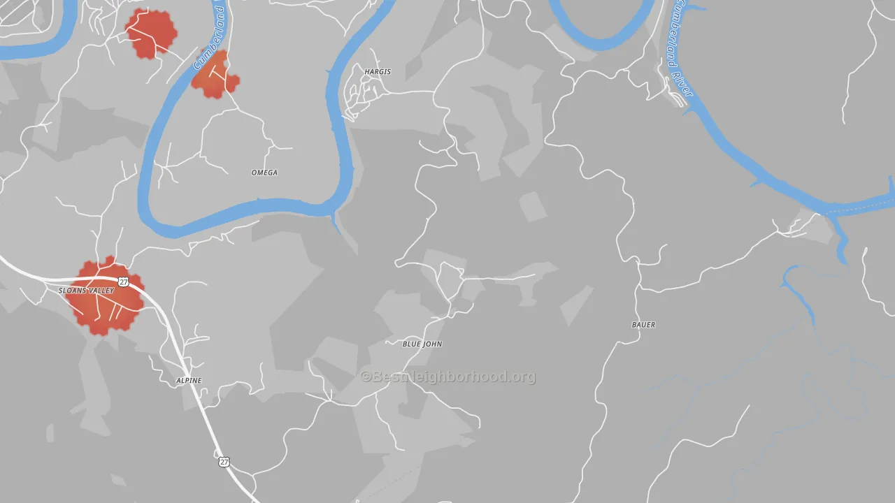 Walk Grade map of Blue John, KY, walkable areas in green and car-dependent areas in red