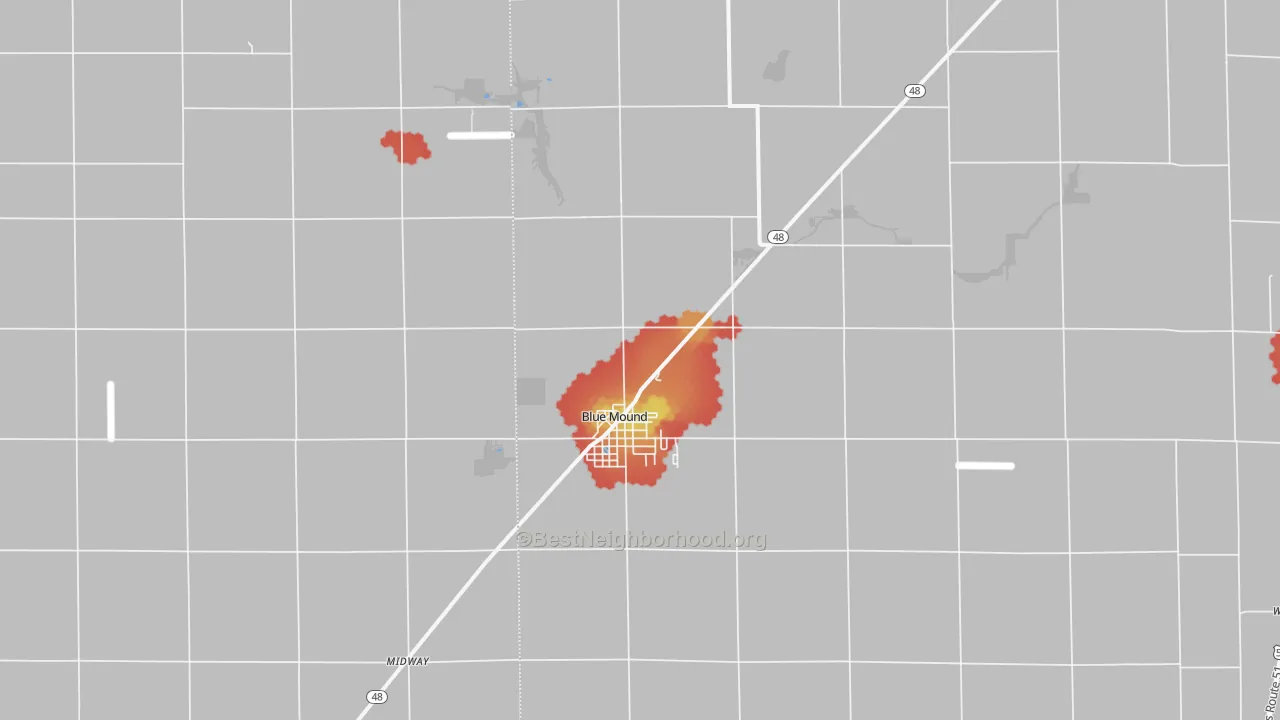 Walk Grade map of Blue Mound, IL, walkable areas in green and car-dependent areas in red