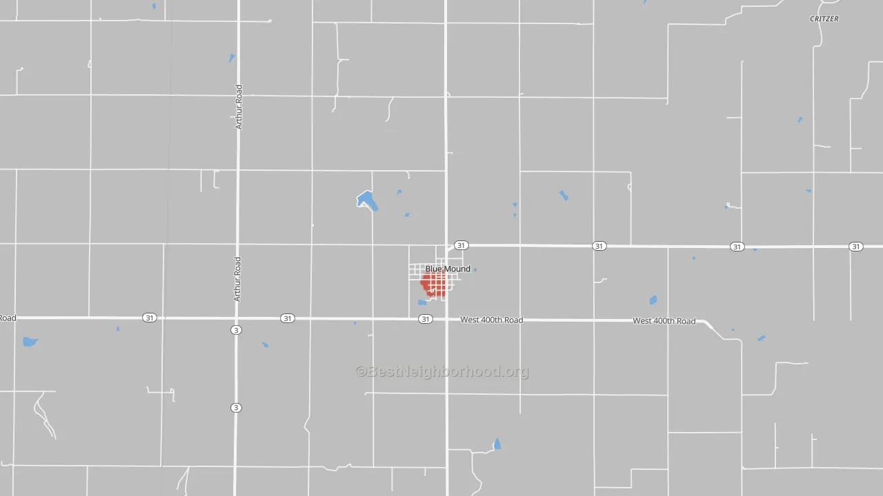 Walk Grade map of Blue Mound, KS, walkable areas in green and car-dependent areas in red