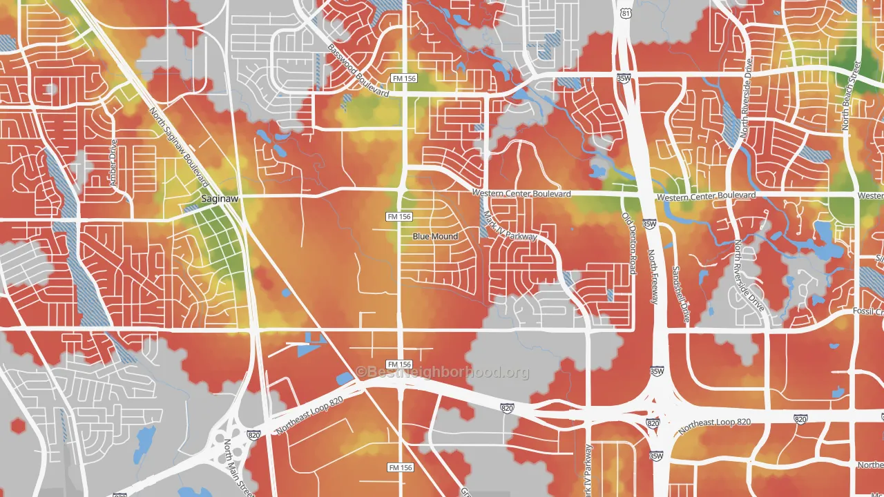 Walk Grade map of Blue Mound, TX, walkable areas in green and car-dependent areas in red