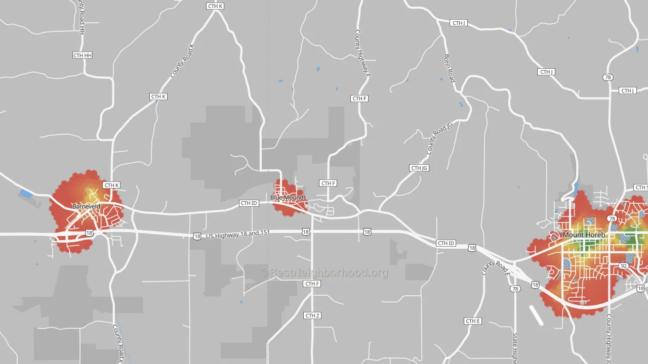 Walk Grade map of Blue Mounds, WI, walkable areas in green and car-dependent areas in red