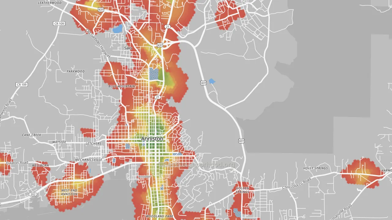 Walk Grade map of Blue Mountain, AL, walkable areas in green and car-dependent areas in red