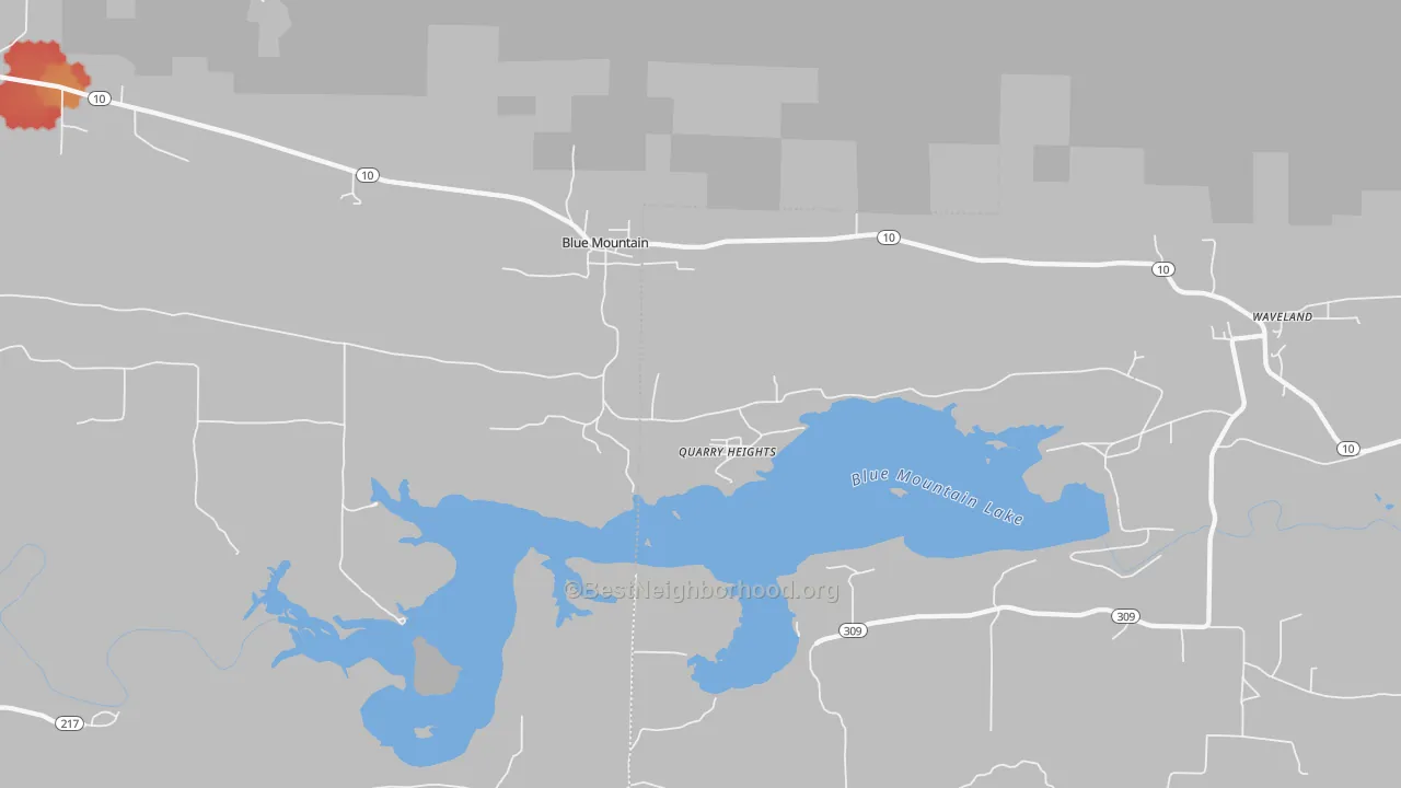 Walk Grade map of Blue Mountain, AR, walkable areas in green and car-dependent areas in red