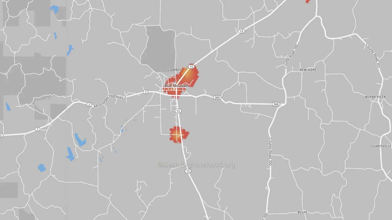 Walk Grade map of Blue Mountain, MS, walkable areas in green and car-dependent areas in red