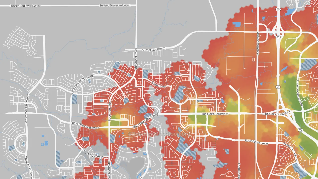 Walk Grade map of Blue Oaks, Roseville, CA, walkable areas in green and car-dependent areas in red