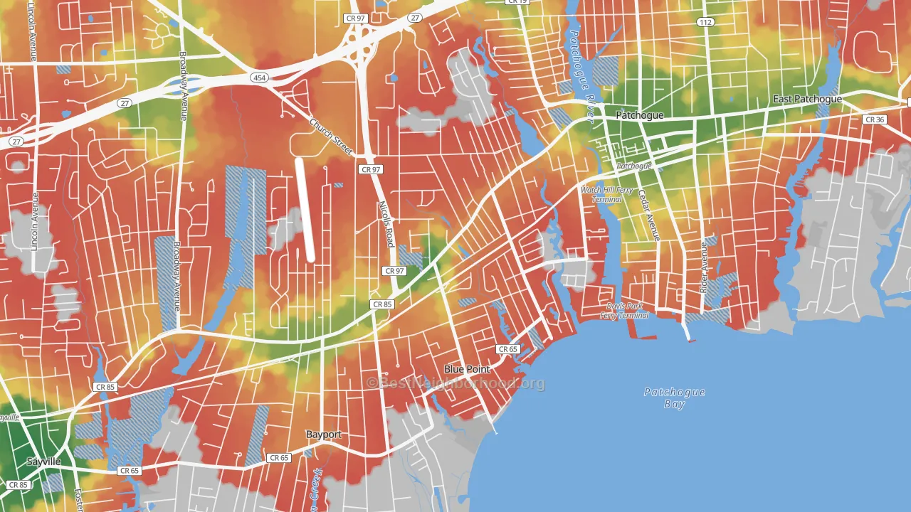 Walk Grade map of Blue Point, NY, walkable areas in green and car-dependent areas in red
