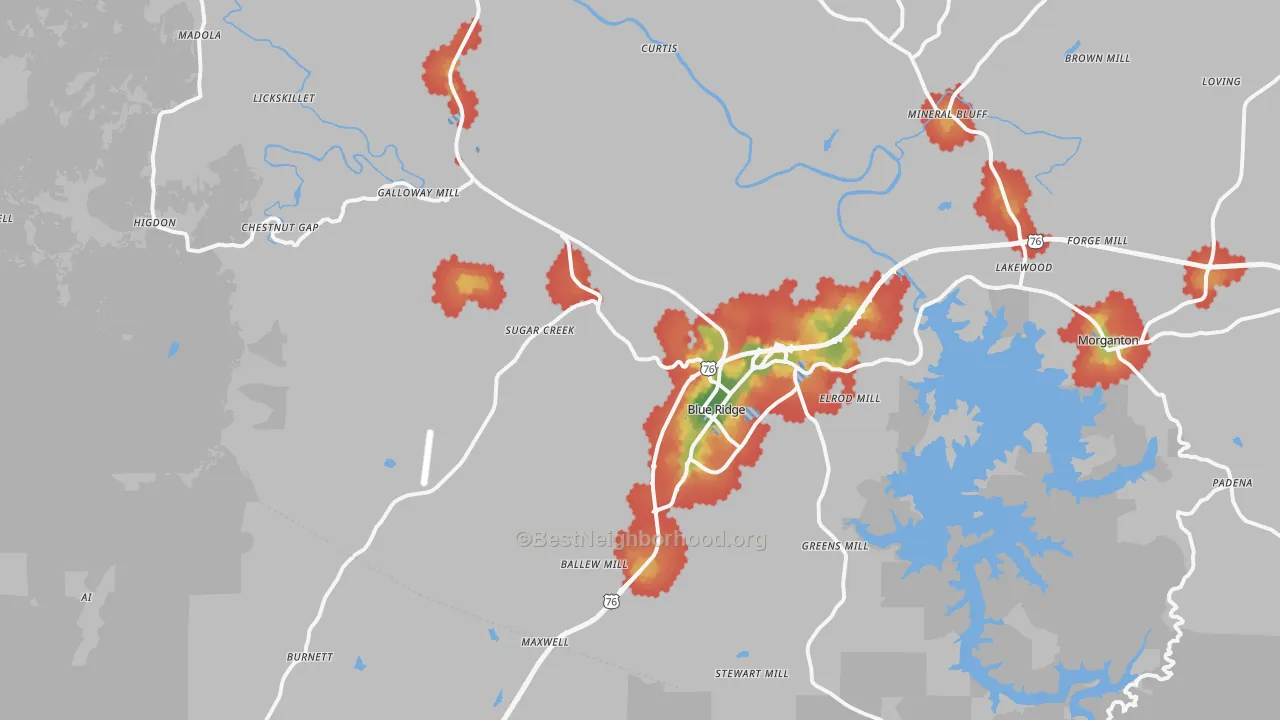 Walk Grade map of Blue Ridge, GA, walkable areas in green and car-dependent areas in red