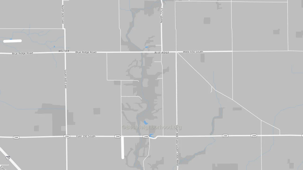 Walk Grade map of Blue Ridge, IN, walkable areas in green and car-dependent areas in red