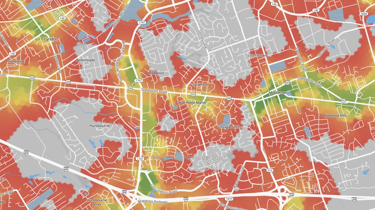 Walk Grade map of Blue Ridge Manor, KY, walkable areas in green and car-dependent areas in red