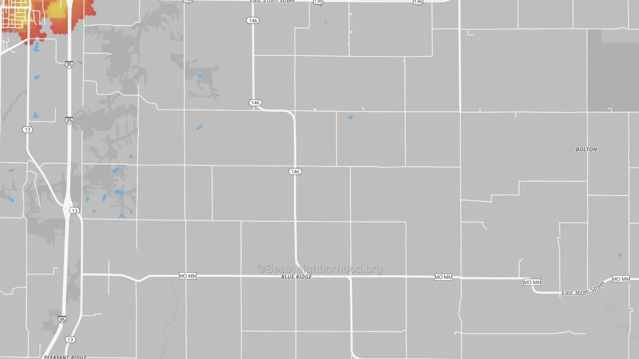 Walk Grade map of Blue Ridge, MO, walkable areas in green and car-dependent areas in red