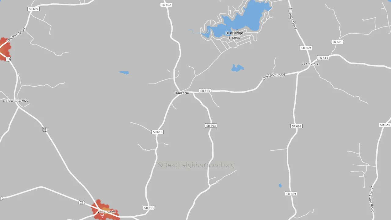 Walk Grade map of Blue Ridge Shores, VA, walkable areas in green and car-dependent areas in red