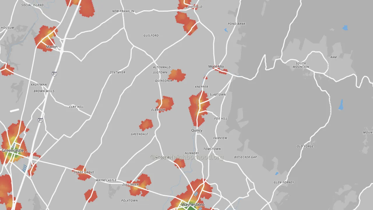 Walk Grade map of Blue Ridge Summit, PA, walkable areas in green and car-dependent areas in red