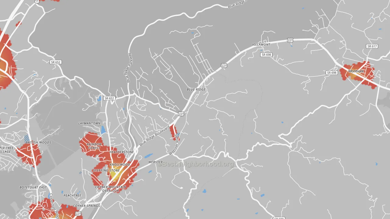 Walk Grade map of Blue Ridge, VA, walkable areas in green and car-dependent areas in red