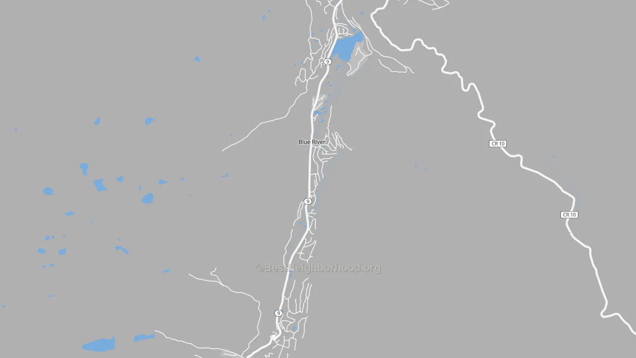 Walk Grade map of Blue River, CO, walkable areas in green and car-dependent areas in red