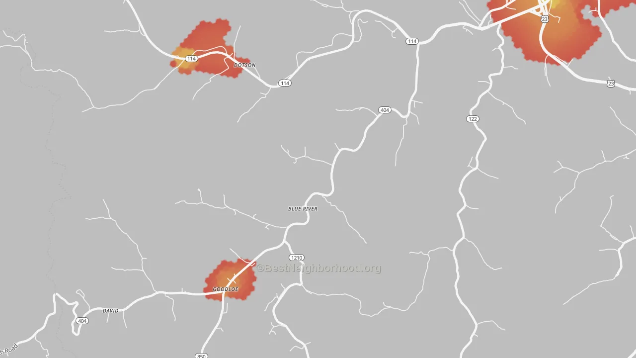 Walk Grade map of Blue River, KY, walkable areas in green and car-dependent areas in red