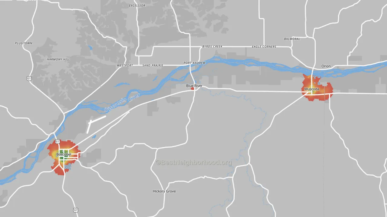 Walk Grade map of Blue River, WI, walkable areas in green and car-dependent areas in red