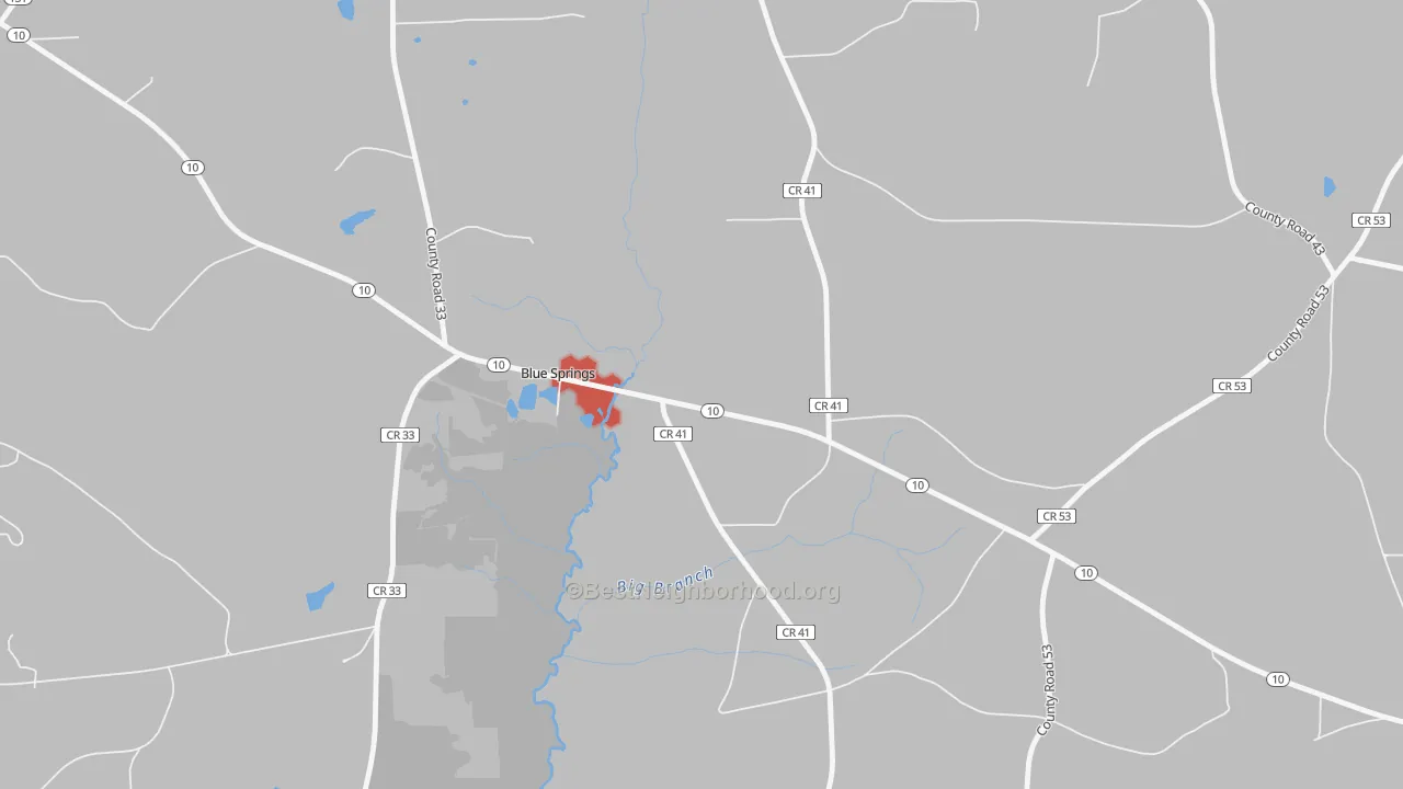 Walk Grade map of Blue Springs, AL, walkable areas in green and car-dependent areas in red