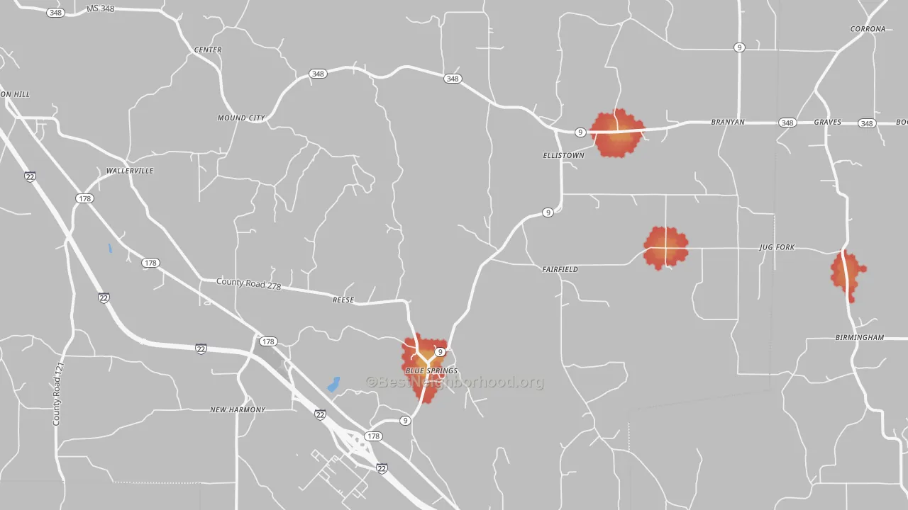Walk Grade map of Blue Springs, MS, walkable areas in green and car-dependent areas in red
