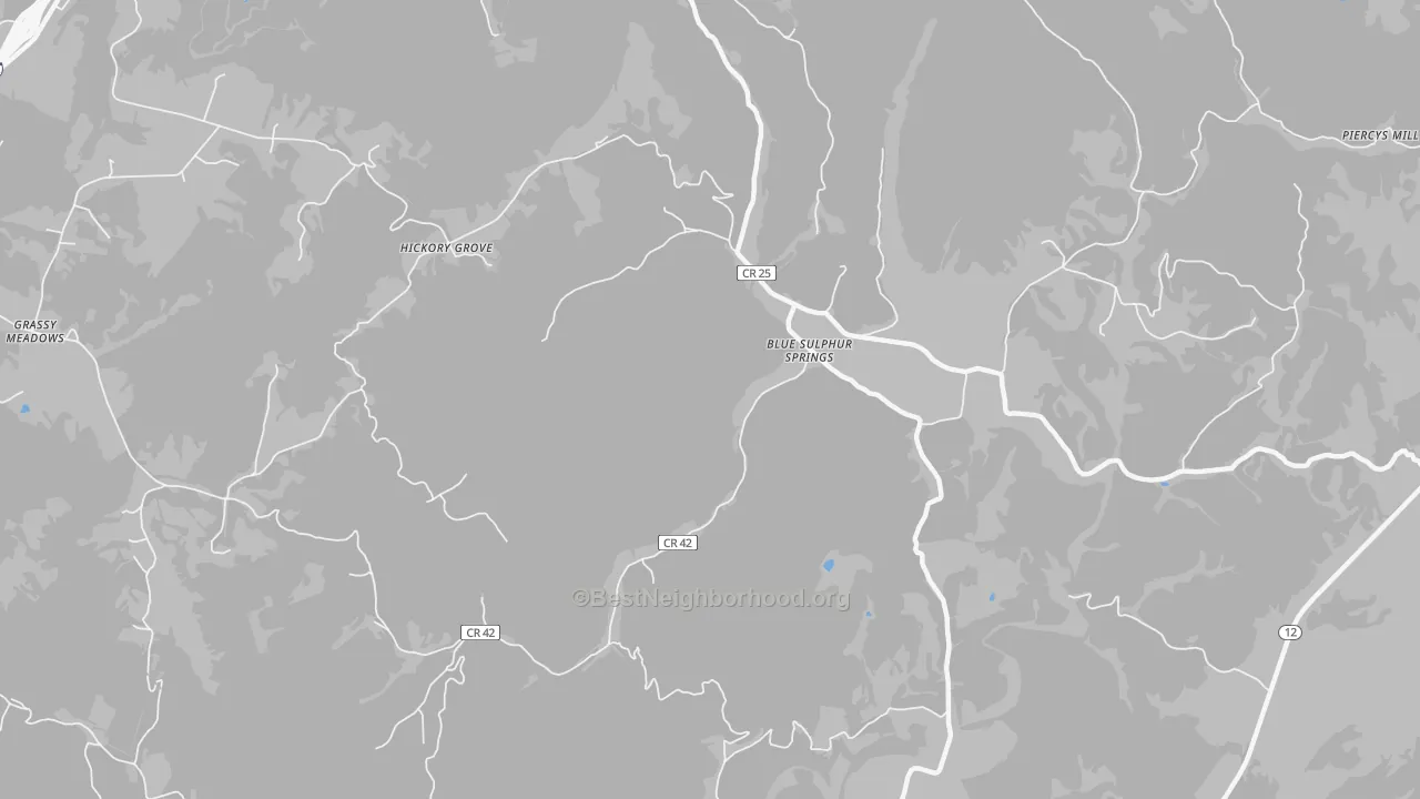 Walk Grade map of Blue Sulphur Springs, WV, walkable areas in green and car-dependent areas in red