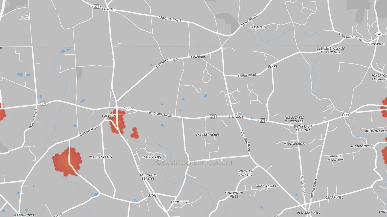 Walk Grade map of Blueball, MD, walkable areas in green and car-dependent areas in red